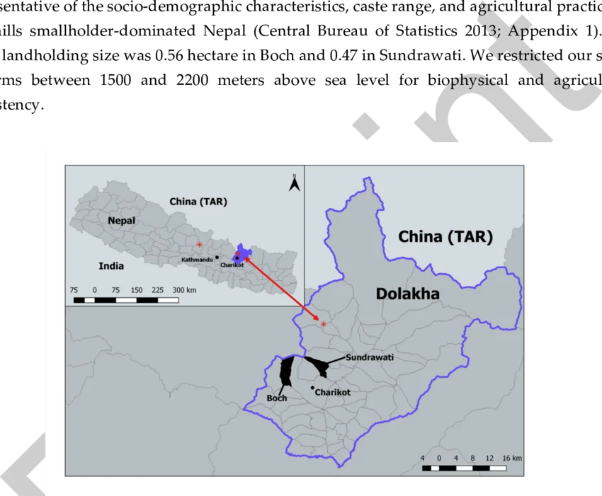 Map of Dolakha District highlighting Tripura Sundari Basic School